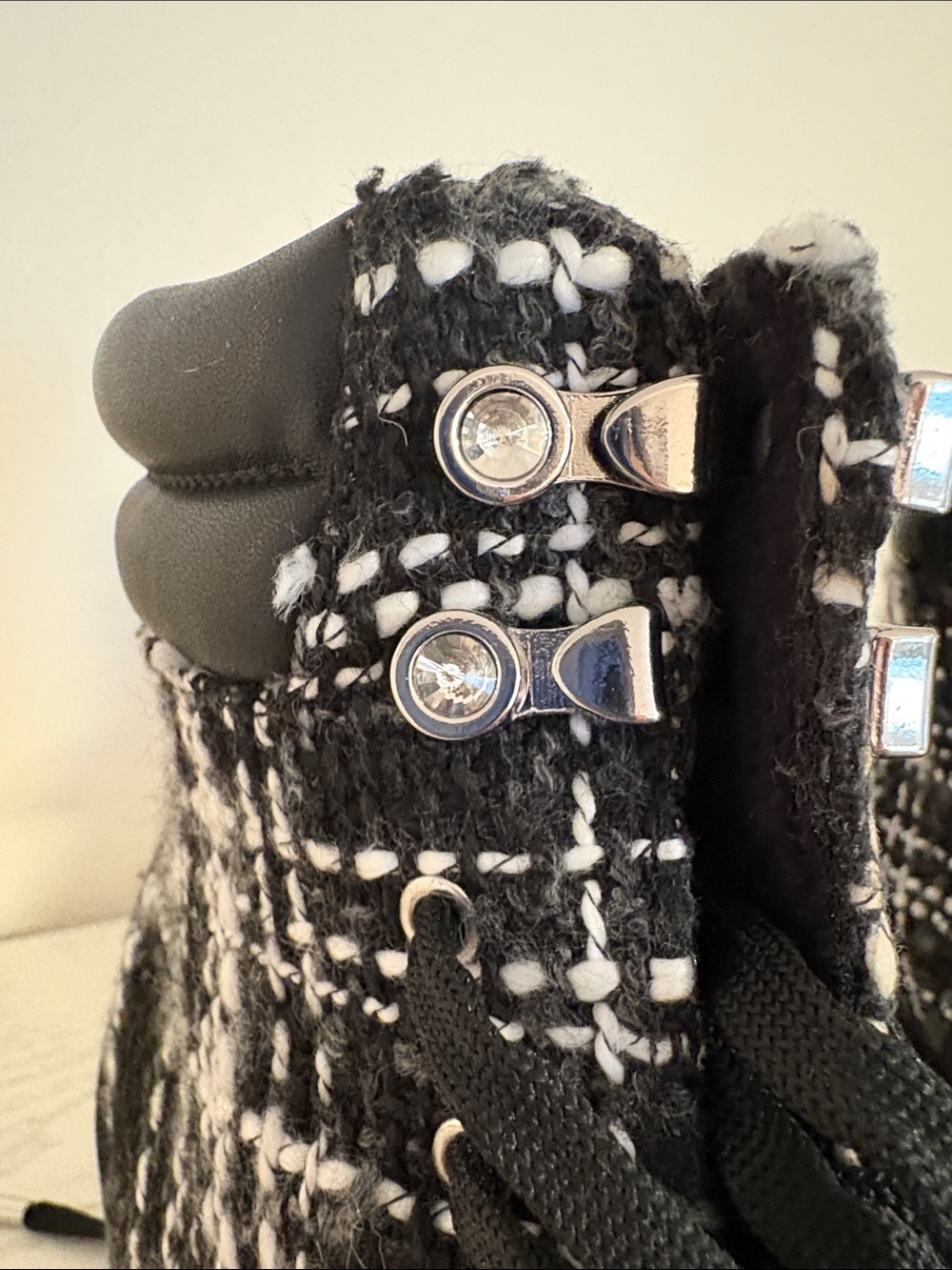 JLo B&W Tweed Lace-Up Chunky Heel Ankle Boots w/zip & jewel accents - Picture 14 of 14